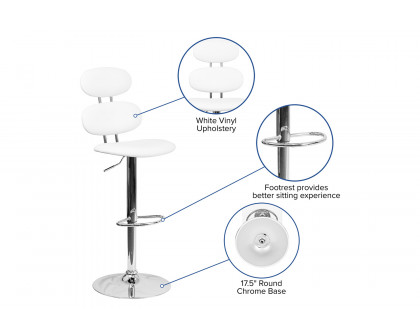 BLNK Dexter White Vinyl Adjustable Height Bar Stool with Ellipse Back and Chrome Base