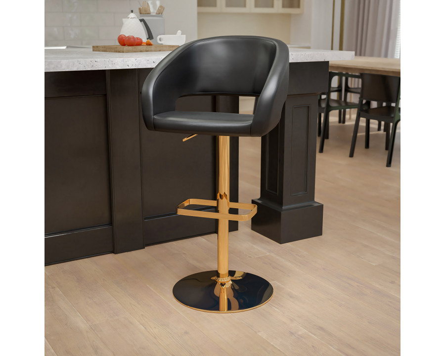 BLNK Erik Vinyl Adjustable Height Bar Stool with Rounded Mid-Back and Gold Base