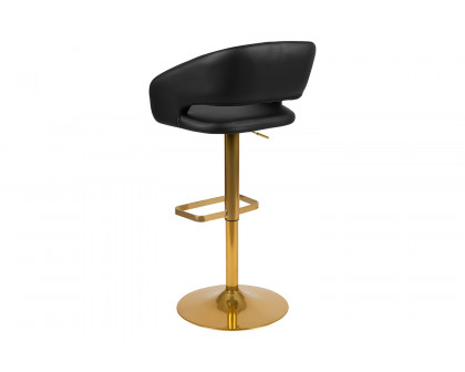 BLNK Erik Vinyl Adjustable Height Bar Stool with Rounded Mid-Back and Gold Base - Black