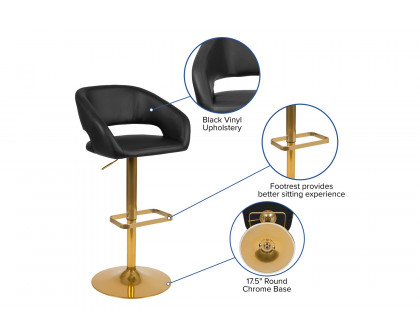 BLNK Erik Vinyl Adjustable Height Bar Stool with Rounded Mid-Back and Gold Base - Black