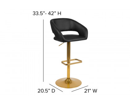 BLNK Erik Vinyl Adjustable Height Bar Stool with Rounded Mid-Back and Gold Base - Black