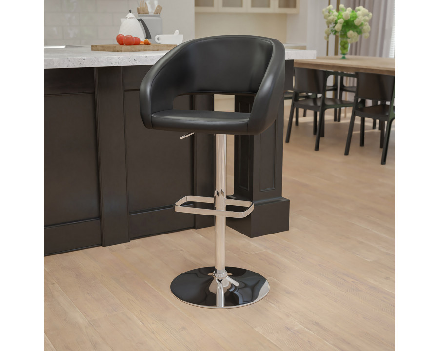 BLNK Erik Vinyl Adjustable Height Bar Stool with Rounded Mid-Back and Chrome Base - Black