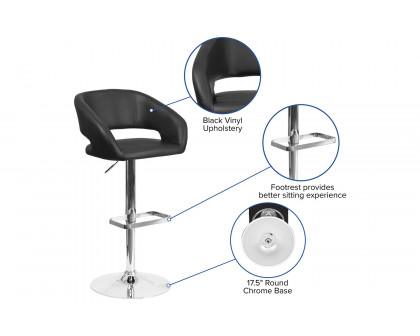 BLNK Erik Vinyl Adjustable Height Bar Stool with Rounded Mid-Back and Chrome Base - Black