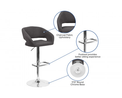 BLNK Erik Fabric Adjustable Height Bar Stool with Rounded Mid-Back and Chrome Base - Charcoal