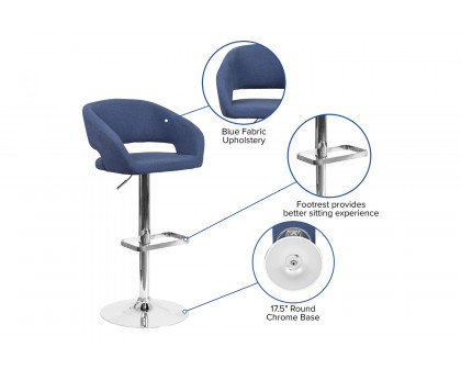 BLNK Erik Vinyl Adjustable Height Bar Stool with Rounded Mid-Back and Chrome Base - Blue