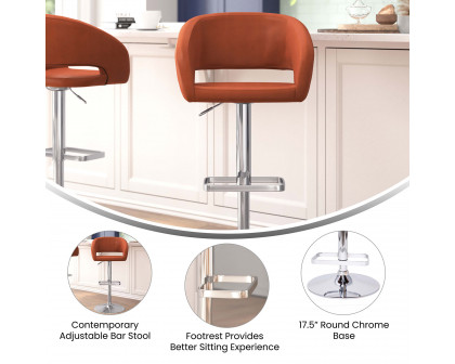 BLNK Erik Vinyl Adjustable Height Bar Stool with Rounded Mid-Back and Chrome Base - Cognac