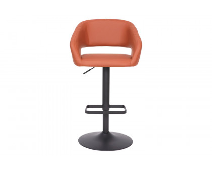 BLNK Erik Vinyl Adjustable Height Bar Stool with Rounded Mid-Back and Black Base - Cognac