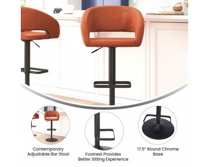 BLNK Erik Vinyl Adjustable Height Bar Stool with Rounded Mid-Back and Black Base - Cognac