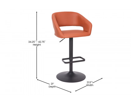 BLNK Erik Vinyl Adjustable Height Bar Stool with Rounded Mid-Back and Black Base - Cognac