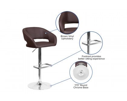 BLNK Erik Vinyl Adjustable Height Bar Stool with Rounded Mid-Back and Chrome Base - Brown