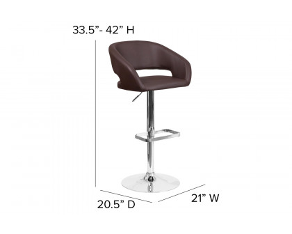 BLNK Erik Vinyl Adjustable Height Bar Stool with Rounded Mid-Back and Chrome Base - Brown