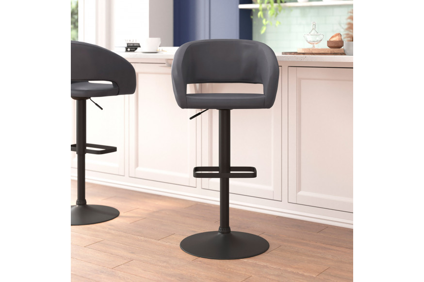 BLNK™ Erik Vinyl Adjustable Height Bar Stool with Rounded Mid-Back and Black Base - Gray