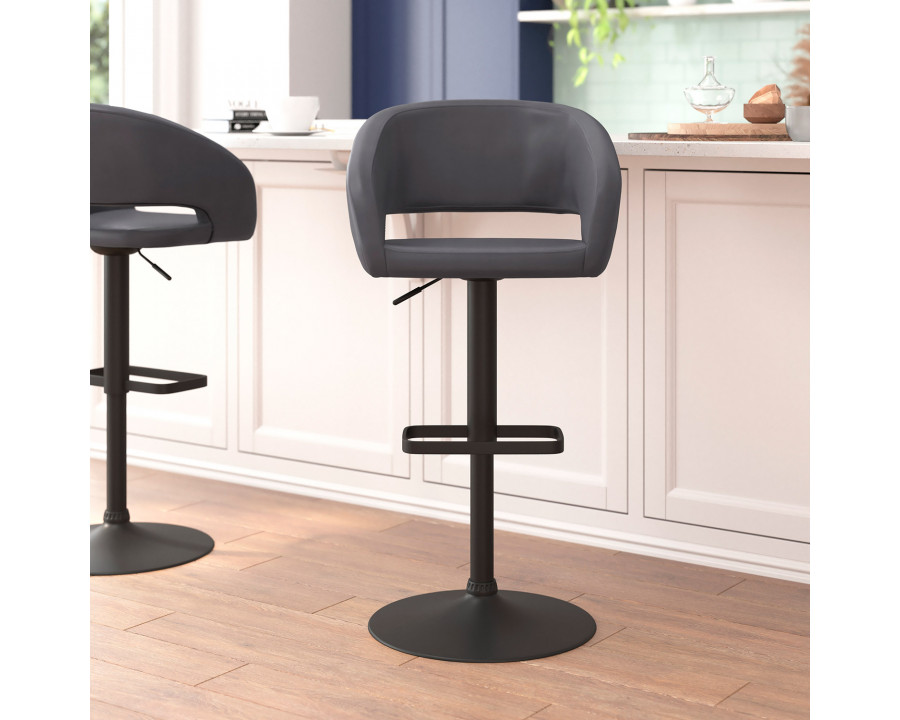 BLNK Erik Vinyl Adjustable Height Bar Stool with Rounded Mid-Back and Black Base - Gray