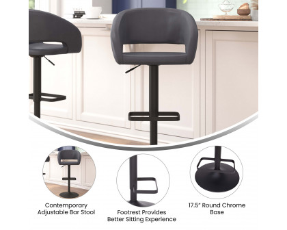 BLNK™ Erik Vinyl Adjustable Height Bar Stool with Rounded Mid-Back and Black Base - Gray