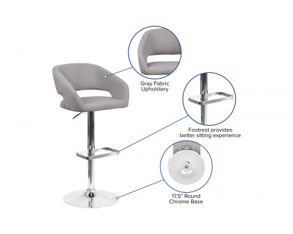 BLNK™ Erik Fabric Adjustable Height Bar Stool with Rounded Mid-Back and Chrome Base - Gray