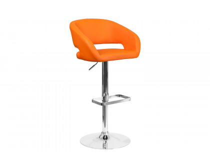 BLNK Erik Vinyl Adjustable Height Bar Stool with Rounded Mid-Back and Chrome Base - Orange