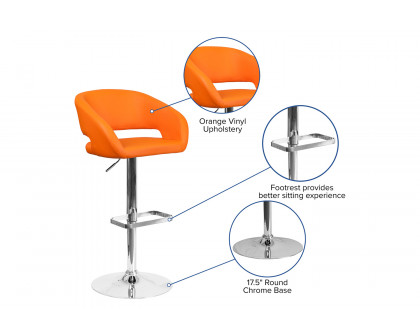 BLNK Erik Vinyl Adjustable Height Bar Stool with Rounded Mid-Back and Chrome Base - Orange