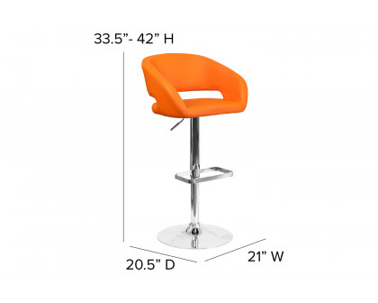 BLNK Erik Vinyl Adjustable Height Bar Stool with Rounded Mid-Back and Chrome Base - Orange