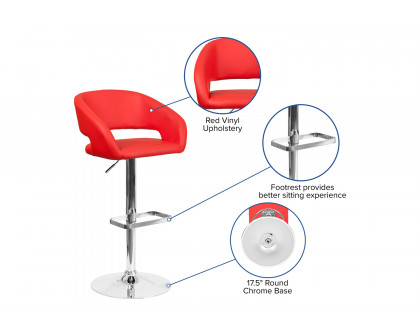 BLNK Erik Vinyl Adjustable Height Bar Stool with Rounded Mid-Back and Chrome Base - Red