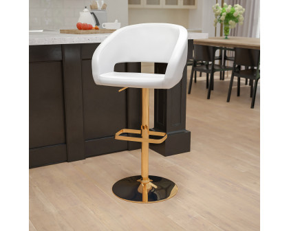 BLNK Erik Vinyl Adjustable Height Bar Stool with Rounded Mid-Back and Gold Base