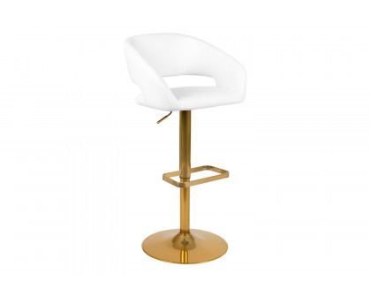 BLNK Erik Vinyl Adjustable Height Bar Stool with Rounded Mid-Back and Gold Base - White