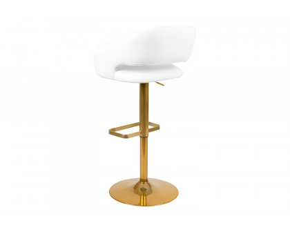 BLNK Erik Vinyl Adjustable Height Bar Stool with Rounded Mid-Back and Gold Base - White