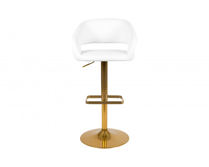 BLNK Erik Vinyl Adjustable Height Bar Stool with Rounded Mid-Back and Gold Base - White