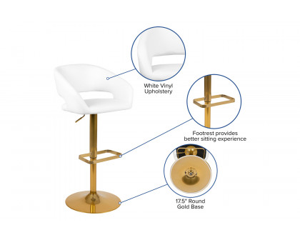 BLNK Erik Vinyl Adjustable Height Bar Stool with Rounded Mid-Back and Gold Base - White