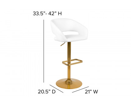 BLNK Erik Vinyl Adjustable Height Bar Stool with Rounded Mid-Back and Gold Base - White