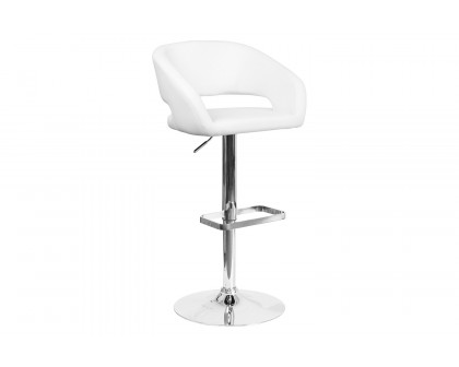 BLNK Erik Vinyl Adjustable Height Bar Stool with Rounded Mid-Back and Chrome Base - White