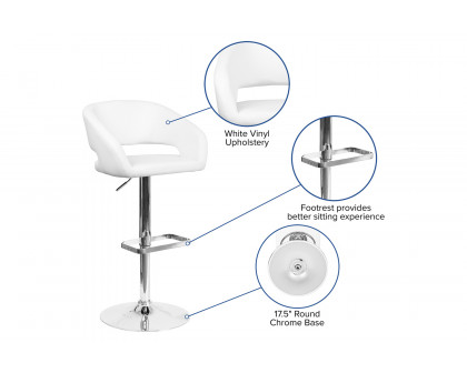 BLNK Erik Vinyl Adjustable Height Bar Stool with Rounded Mid-Back and Chrome Base - White