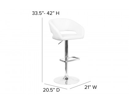 BLNK Erik Vinyl Adjustable Height Bar Stool with Rounded Mid-Back and Chrome Base - White