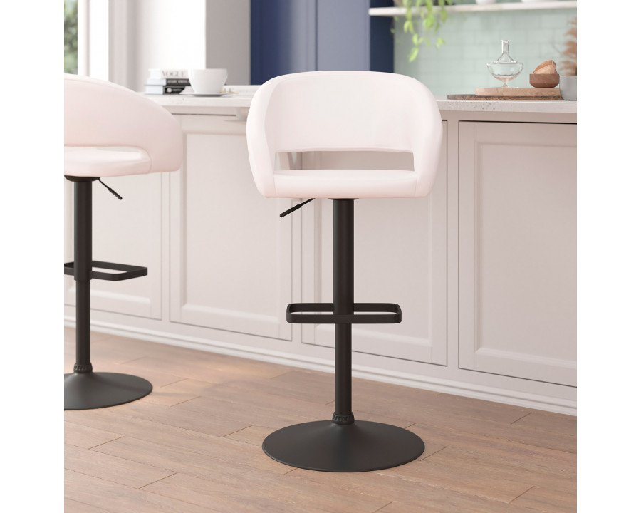 BLNK Erik Vinyl Adjustable Height Bar Stool with Rounded Mid-Back and Black Base - White