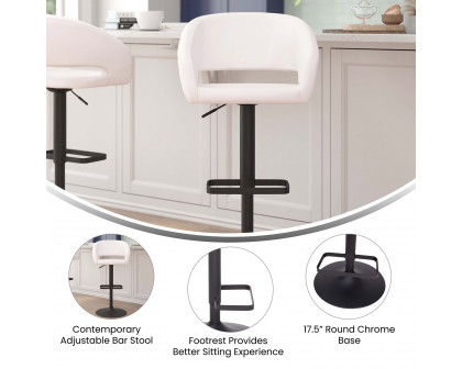 BLNK Erik Vinyl Adjustable Height Bar Stool with Rounded Mid-Back and Black Base - White