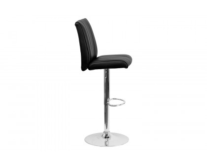 BLNK Charles Vinyl Adjustable Height Bar Stool with Vertical Stitch Panel Back and Chrome Base - Black