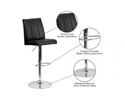 BLNK Charles Vinyl Adjustable Height Bar Stool with Vertical Stitch Panel Back and Chrome Base - Black