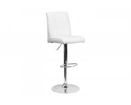 BLNK Charles Vinyl Adjustable Height Bar Stool with Vertical Stitch Panel Back and Chrome Base - White