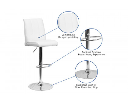 BLNK Charles Vinyl Adjustable Height Bar Stool with Vertical Stitch Panel Back and Chrome Base - White