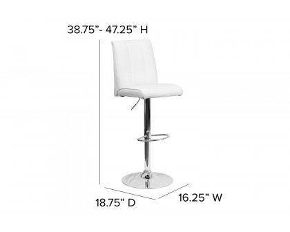 BLNK Charles Vinyl Adjustable Height Bar Stool with Vertical Stitch Panel Back and Chrome Base - White