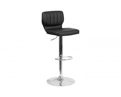 BLNK Jeremy Vinyl Adjustable Height Bar Stool with Vertical Stitch Back and Chrome Base - Black