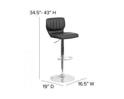 BLNK Jeremy Vinyl Adjustable Height Bar Stool with Vertical Stitch Back and Chrome Base - Black