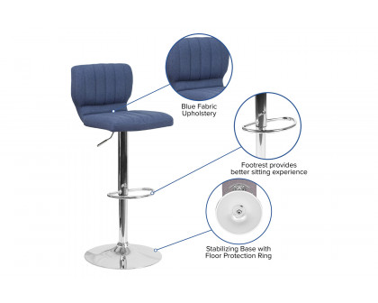 BLNK Jeremy Fabric Adjustable Height Bar Stool with Vertical Stitch Back and Chrome Base - Blue