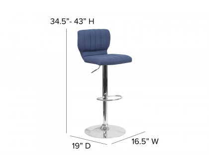 BLNK Jeremy Fabric Adjustable Height Bar Stool with Vertical Stitch Back and Chrome Base - Blue