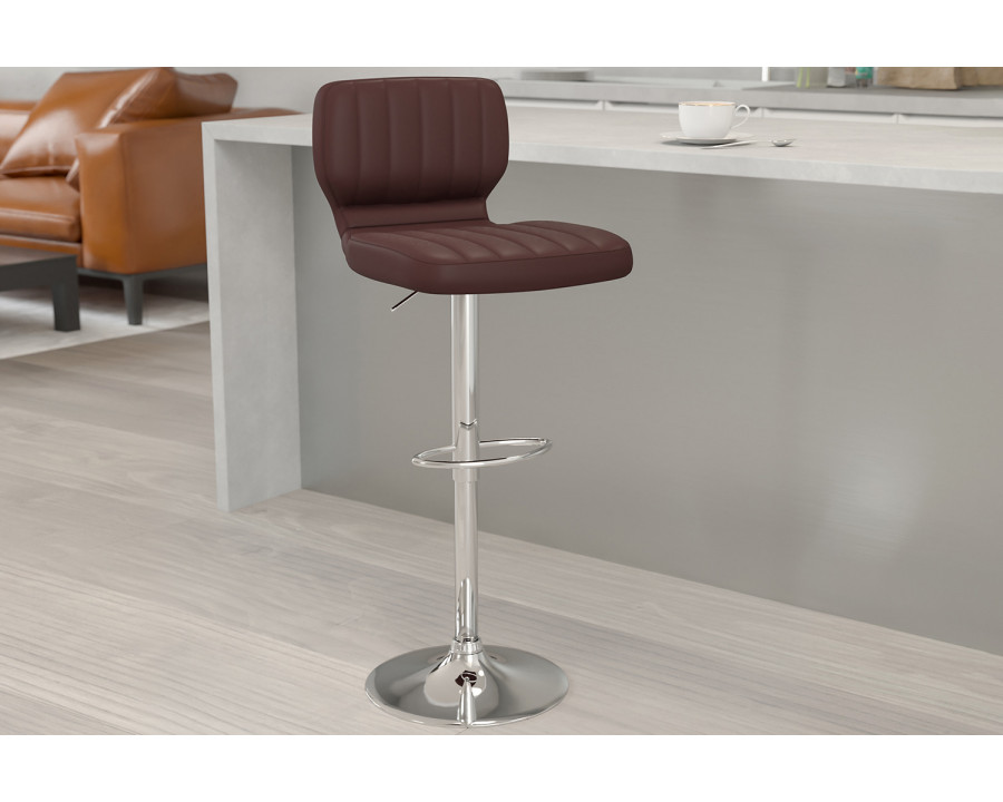 BLNK Jeremy Vinyl Adjustable Height Bar Stool with Vertical Stitch Back and Chrome Base - Brown