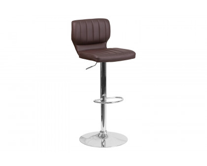 BLNK Jeremy Vinyl Adjustable Height Bar Stool with Vertical Stitch Back and Chrome Base - Brown