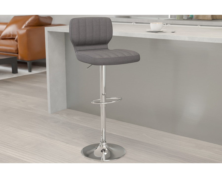 BLNK Jeremy Vinyl Adjustable Height Bar Stool with Vertical Stitch Back and Chrome Base - Gray