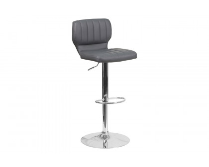 BLNK Jeremy Vinyl Adjustable Height Bar Stool with Vertical Stitch Back and Chrome Base - Gray