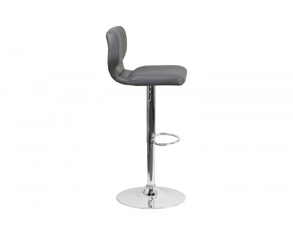 BLNK Jeremy Vinyl Adjustable Height Bar Stool with Vertical Stitch Back and Chrome Base - Gray