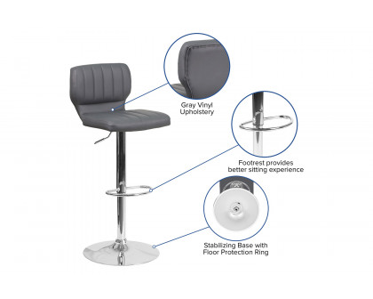 BLNK Jeremy Vinyl Adjustable Height Bar Stool with Vertical Stitch Back and Chrome Base - Gray