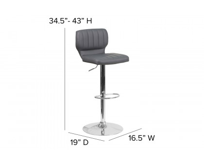 BLNK Jeremy Vinyl Adjustable Height Bar Stool with Vertical Stitch Back and Chrome Base - Gray